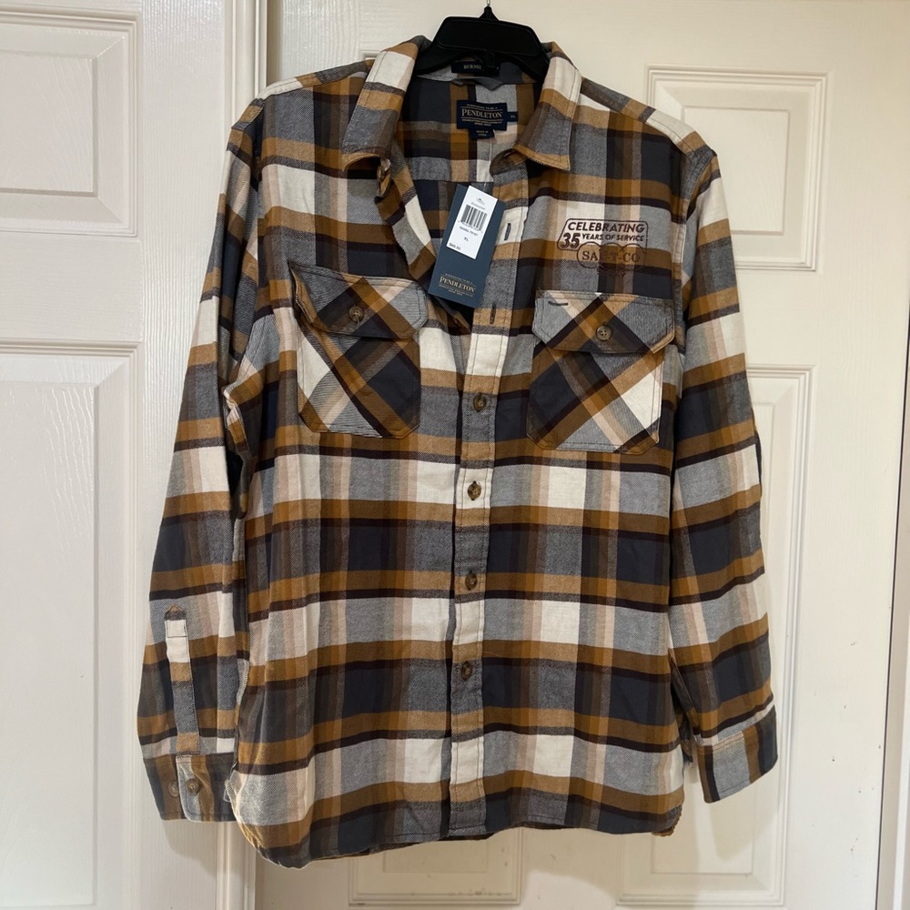 Pendleton‎ Flannel Shirt Mens XL Plaid Burnside Button COMPANY EMBROIDERY Logo